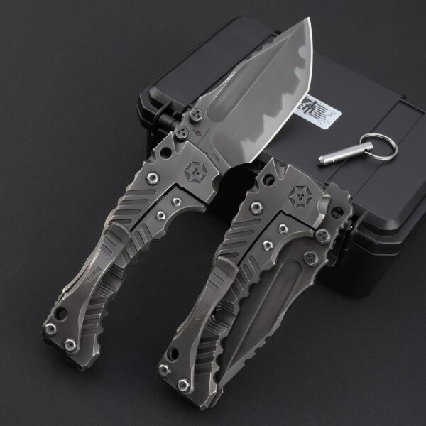 Rear detail of Miller Bros T1 Series Starfleet Edition folding knife displayed in deployed and folded positions