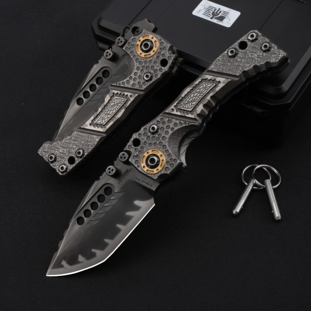 Miller Bros T1 Tactical Folder with labyrinth pattern handle shown in both deployed and folded positions