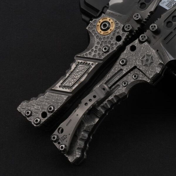 Close-up of Miller Bros T1 Tactical Folder handle featuring labyrinth pattern texture