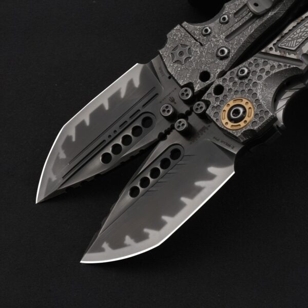 Macro view of labyrinth pattern handle texture on Miller Bros T1 Tactical Folder