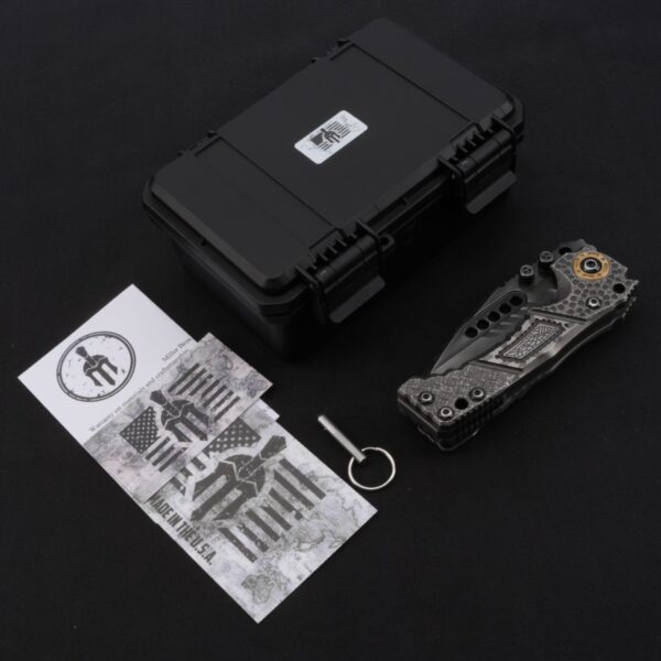 Miller Bros T1 Tactical Folder displayed with labyrinth pattern handle and original packaging
